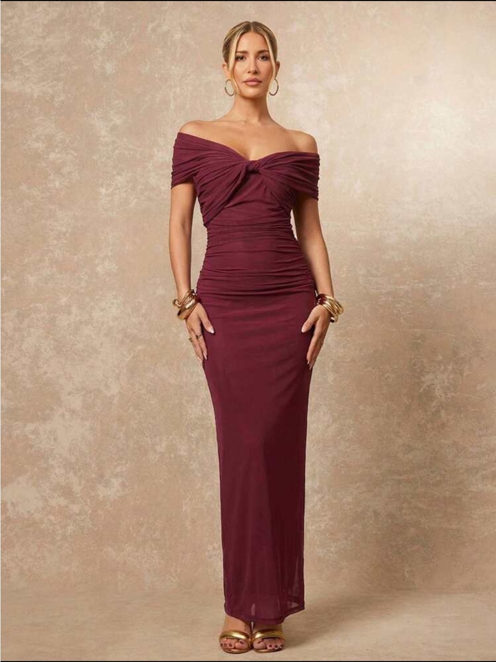 Off-Shoulder Ruched Maxi Dress in Burgundy